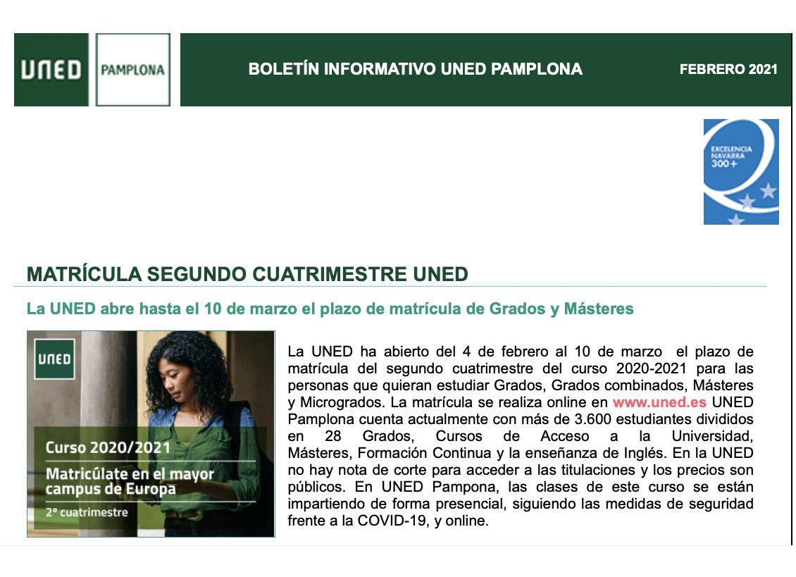 Ya está disponible el último boletín informativo de UNED Pamplona 